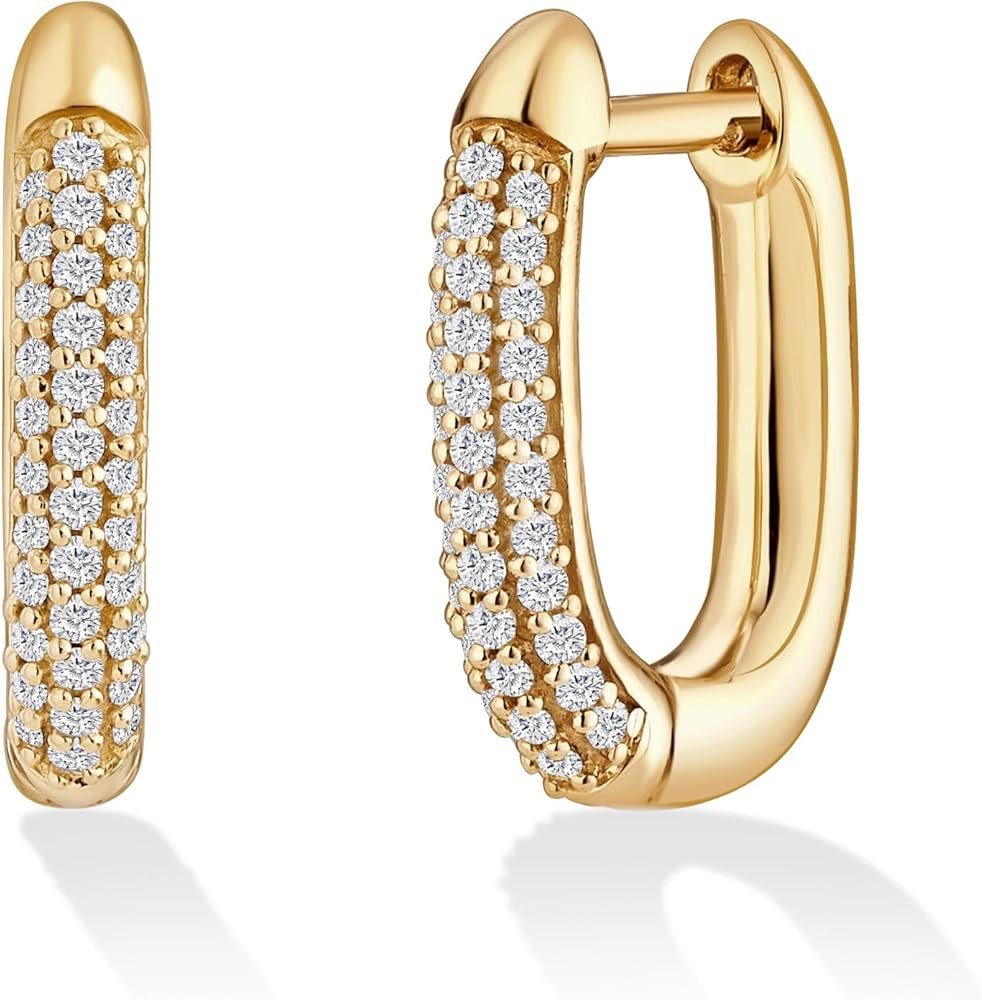 14K Gold or Platinum Plated U-Shaped Huggie Hoop Earrings for Women with Cubic Zirconia | Amazon (US)