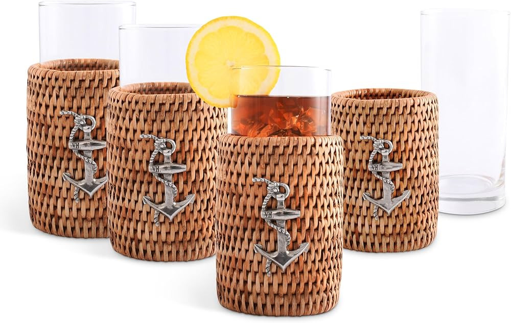 Vagabond House Set of 4 Tall Drinking Glasses with Hand Woven Rattan and Pewter Anchor Detail, Id... | Amazon (US)