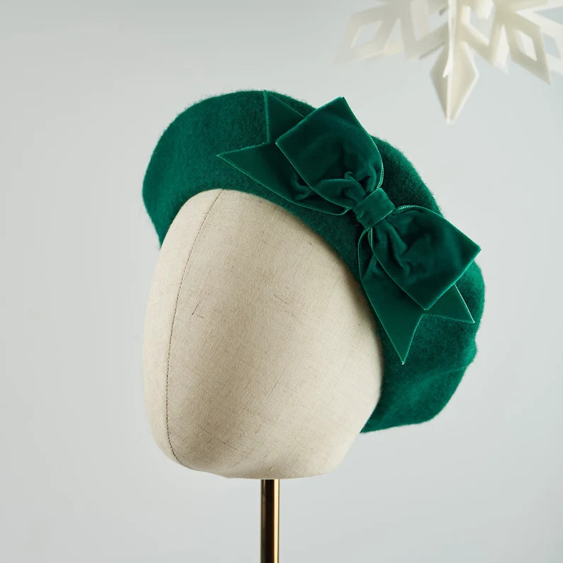 Emerald Green Wool Felt Beret Hat With Green Velvet Ribbon Bow, Green French Beret Hat, Green Wom... | Etsy (US)