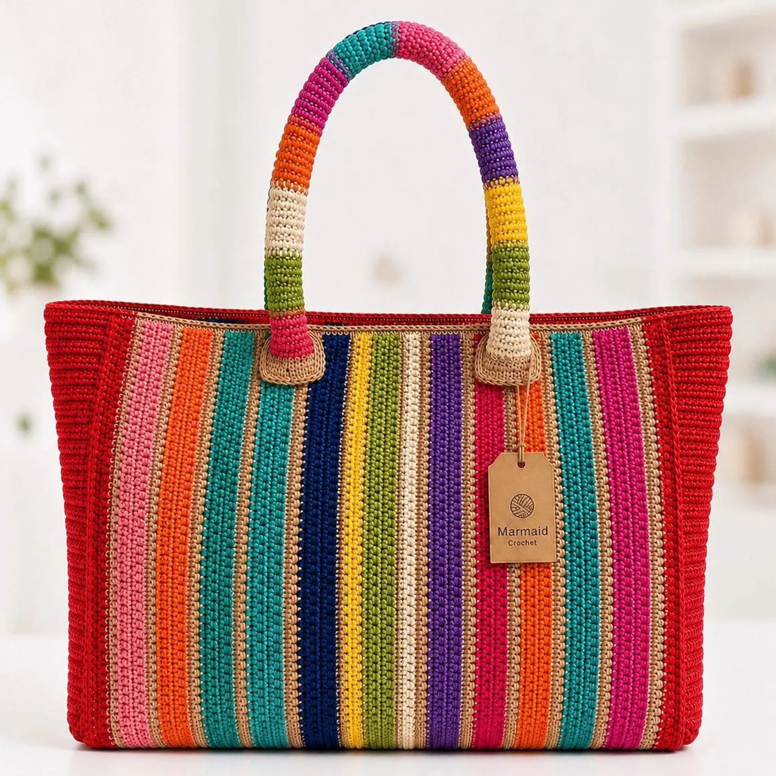 Handmade Striped Crochet Tote Bag, Large Cotton Beach Bag, Boho Market Shopper | Etsy (Global)