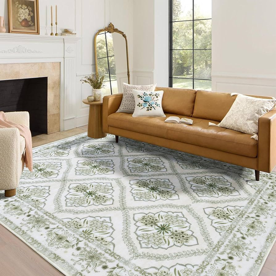 Sage Green Rugs 8x10 for Living Room Boho Washable Rugs Large Floral Floor Covering for Bedroom, ... | Amazon (US)