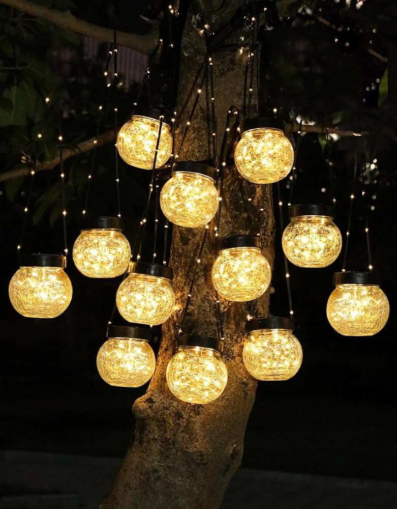PARTPHONER Solar Lights Outdoor Waterproof 12-Pack, Solar Powered Hanging Lantern Cracked Glass H... | Amazon (US)
