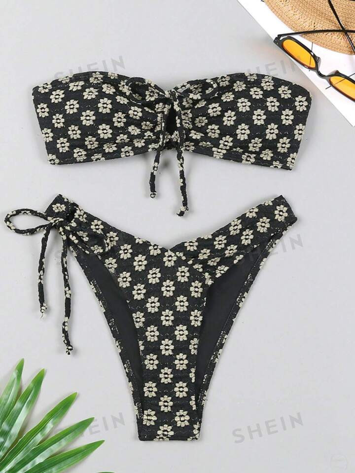 2024 New Floral Jacquard Bikini Set With European Style Split Straps For Women Beachwear | SHEIN