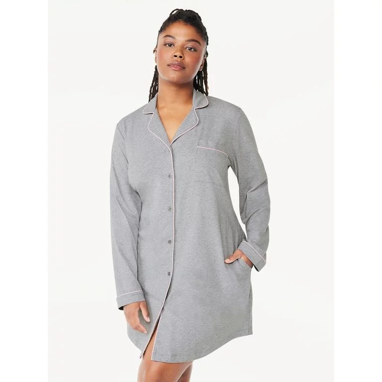 Joyspun Women’s Cotton Blend Long Sleeve Notch Collar Sleepshirt, Sizes S to 4X | Walmart (US)