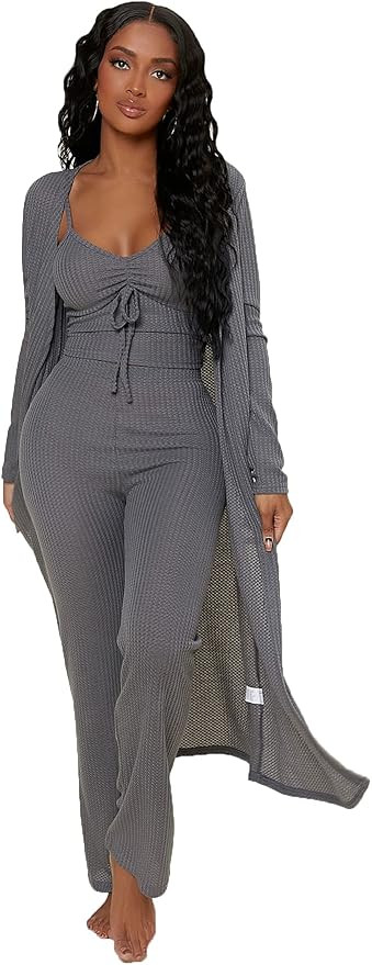 SheIn Women's Ruched Knot Bust Cami Top Long Pants Lounge Set with Long Sleeve Robe | Amazon (US)