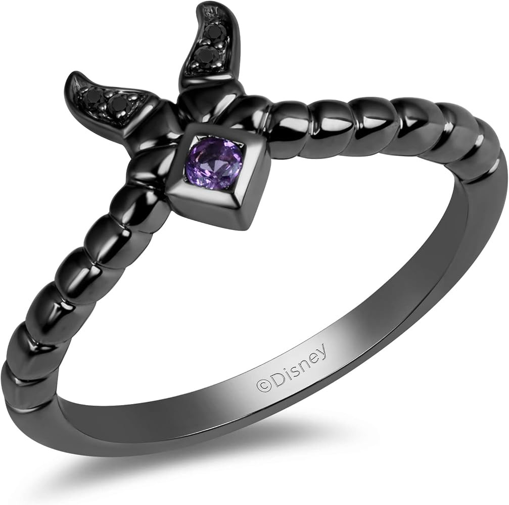 Jewelili Enchanted Disney Fine Jewelry Black Rhodium over Sterling Silver 2MM Round Amethyst and ... | Amazon (US)