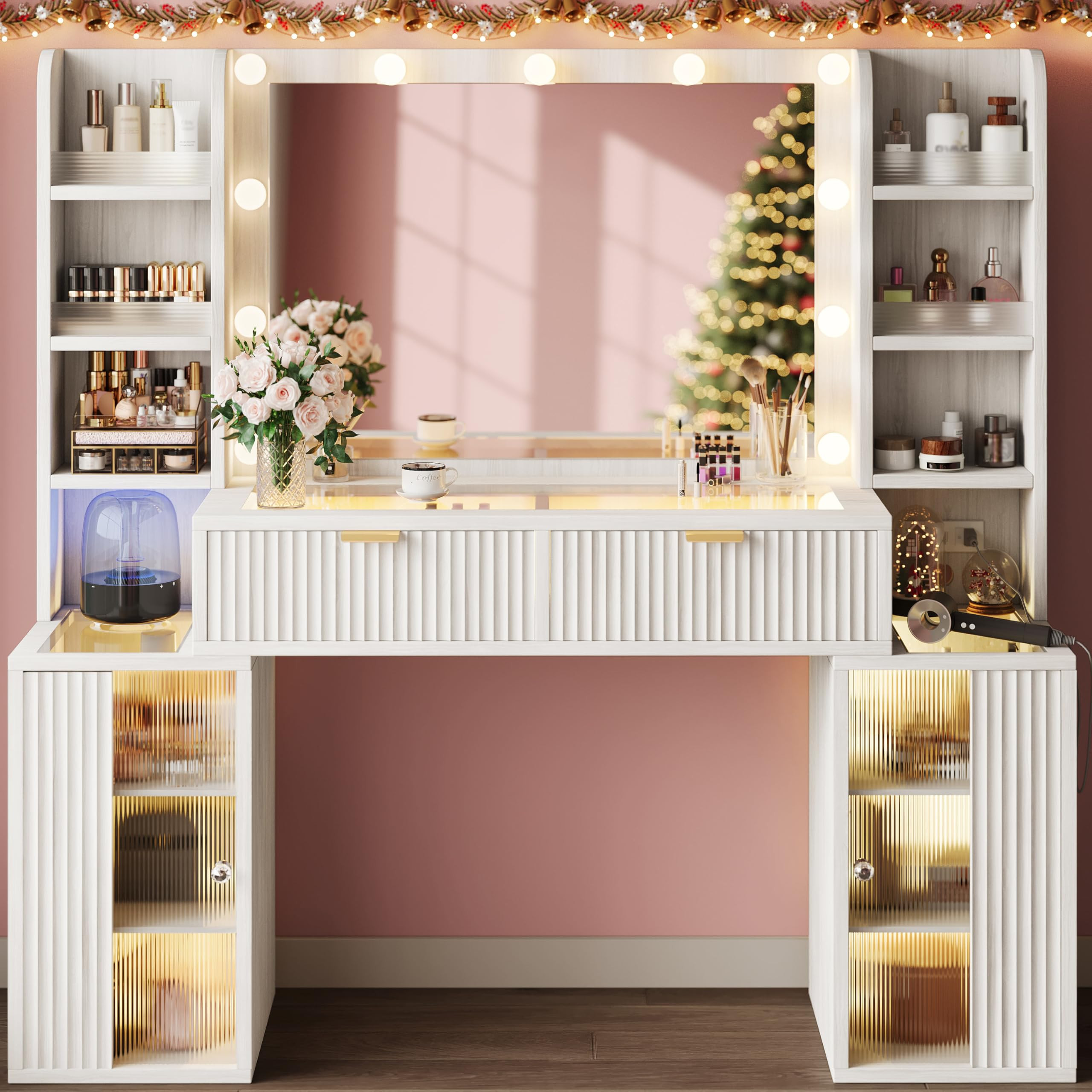 56'' Fluted Makeup Vanity Desk with Large 36" Mirror & Hollywood Bulbs, Smart RGB Lights, Large V... | Amazon (US)