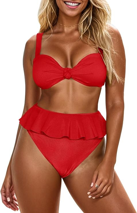 Saodimallsu Womens 2 Piece High Waisted Swimsuit Ruffle Bikini Sets Twist Knot Ribbed Bathing Sui... | Amazon (US)