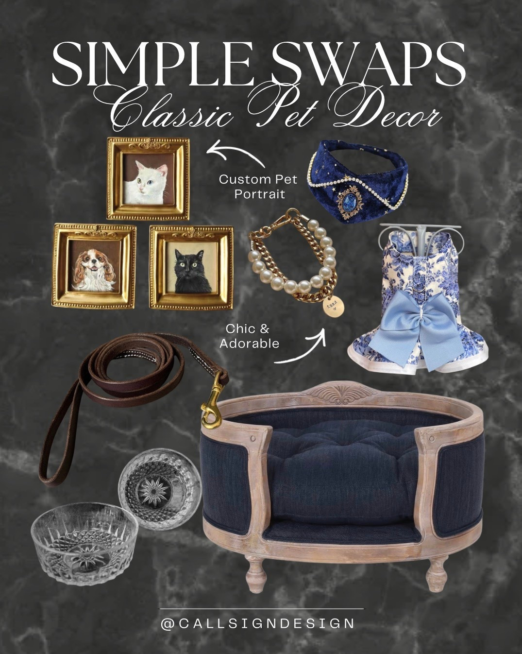 Castlecore pet accessories that feel straight out of a fairytale. Regal textures, antique inspired details, and cozy luxury pieces that let your pet live like the noble they are. 

#Castlecore #PetAccessories #WhimsicalHome #TimelessStyle #FairytaleAesthetic #HomeDecor #DesignDetails #callsigndesign