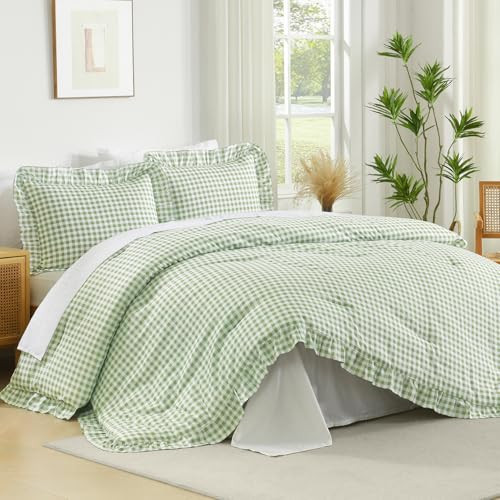 Andency Sage Gingham Ruffle Comforter King(104x90Inch), 3 Pieces(1 Ruffled Comforter and 2 Pillowcases) Solid Farmhouse Shabby Chic Bed, Vintage Rustic Soft Microfiber Bedding Set | Amazon (US)