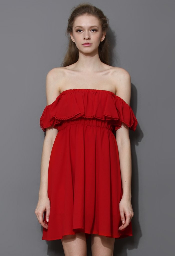 Endless Off-Shoulder Frilling Dress in Red | Chicwish