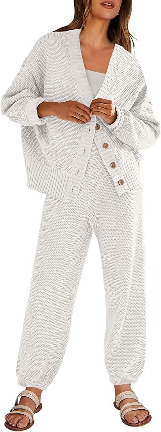 ANRABESS Womens Pajamas 2 Piece Lounge Sets Ribbed Knit Long Sleeve Cardigan & Casual Long Pants ... | Amazon (US)