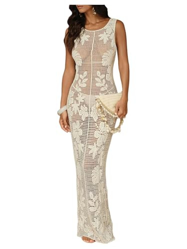 WDIRARA Women's Floral Crochet Sheer Cover Up Maxi Beach Dress Hollow Out Sleeveless Coverups Sli... | Amazon (US)
