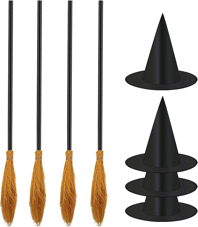 8 Pieces Halloween Witch Broom Hat Set, 4 Pack Halloween Witch Brooms and 4 Pack Halloween Witch ... | Amazon (US)