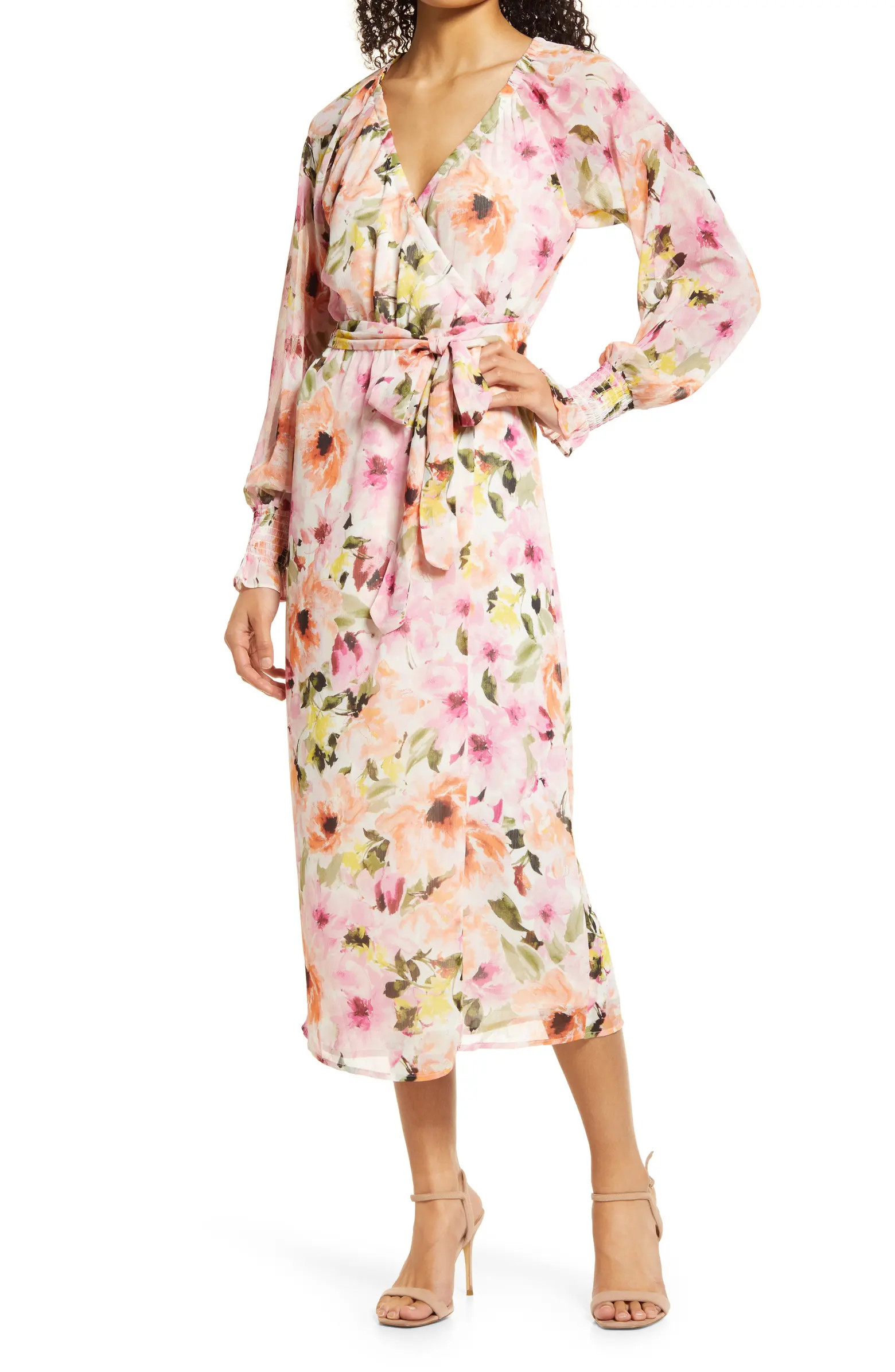 Floral Print Faux Wrap Midi Dress | Nordstrom