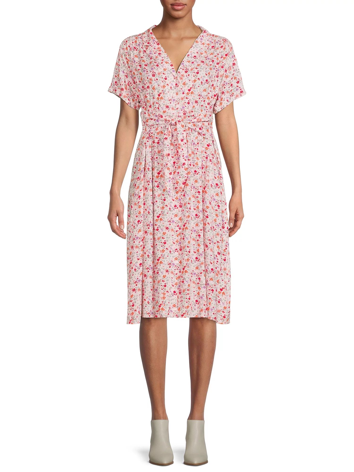 Time and Tru Women's Short Sleeve Woven Shirt Dress with Tie Front | Walmart (US)