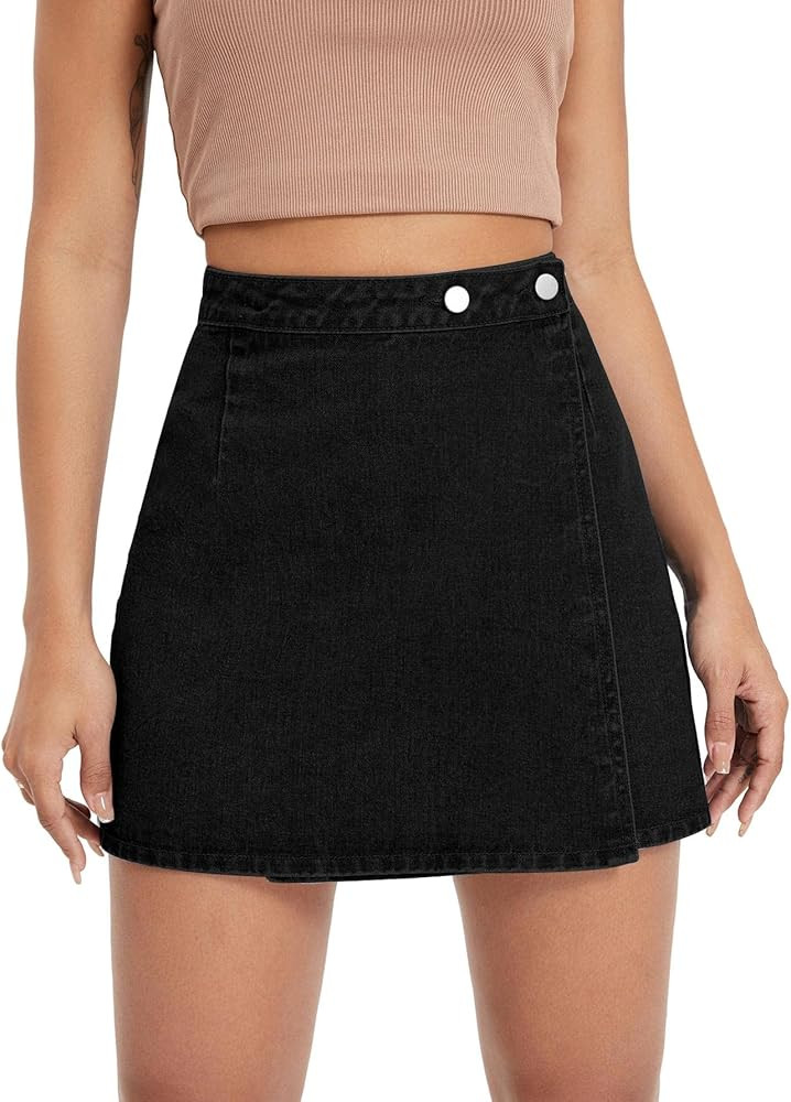 WDIRARA Women's High Waisted A-Line Button Wrap Denim Jean Skirt Mini Skirt | Amazon (US)