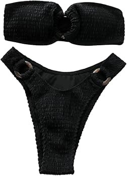 SheIn Women's Strapless Bandeau Shirred Swimsuit High Cut Thong O Ring Bikini Set Smocked Bathing... | Amazon (US)