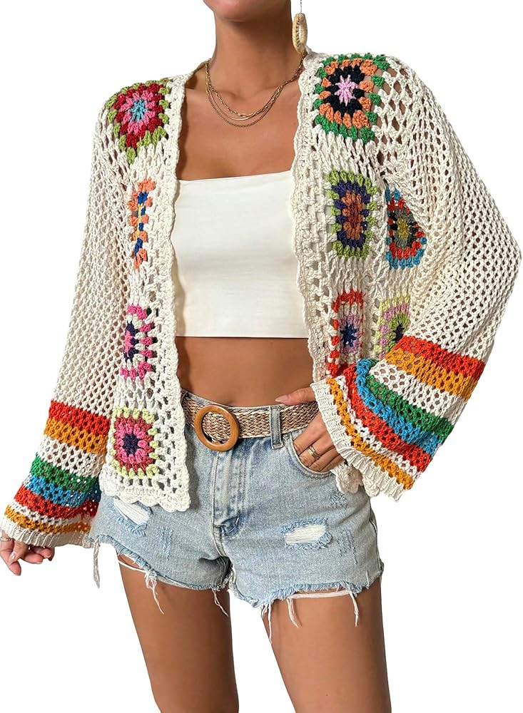 WDIRARA Women's Floral Crochet Open Front Knit Cardigan Bell Long Sleeve Boho Sweater Cardigan | Amazon (US)