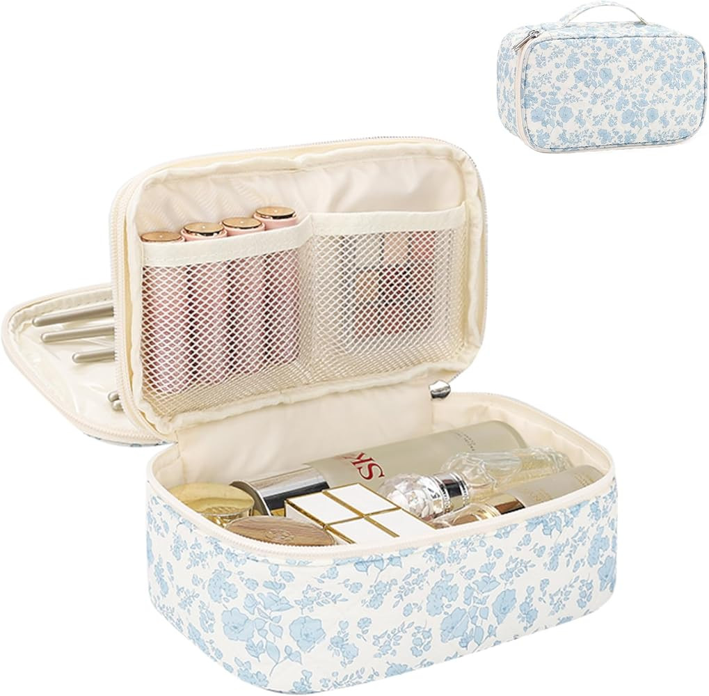 Relavel Travel Makeup Bag, Small Floral Cosmetic Bag with Makeup Brush Compartment, Portable Make... | Amazon (US)