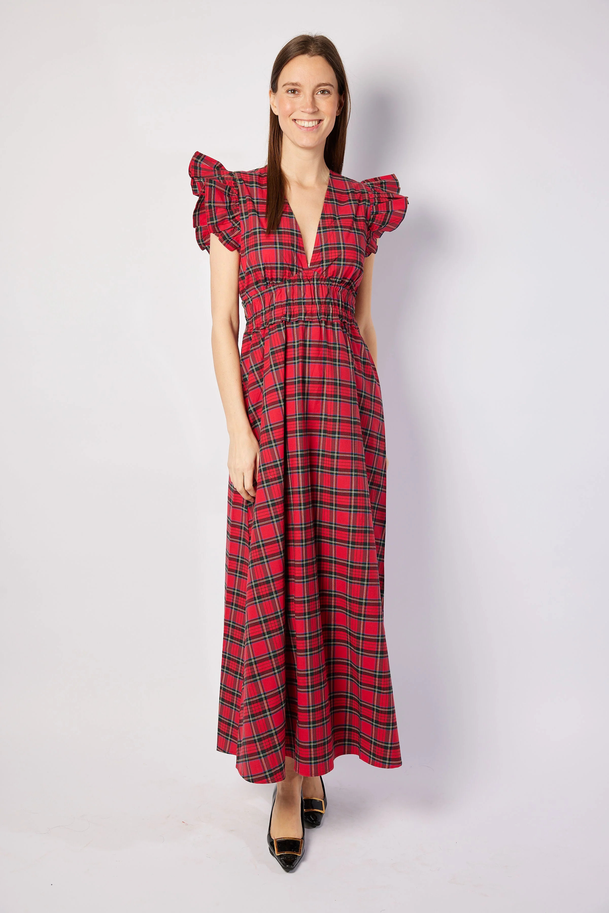 Red Plaid V-Neck Flutter Sleeve Maxi Dress | Sail to Sable