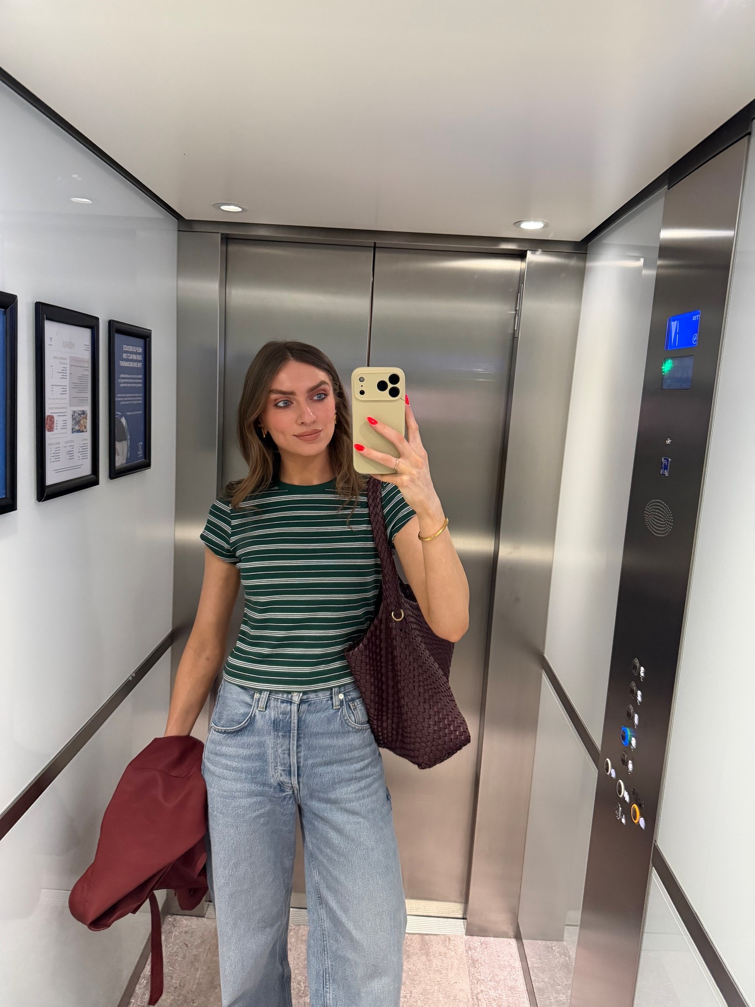 London marathon day 
Small in the striped Uniqlo t-shirt
Dune bag 
Citizens of humanity Ayla jeans
