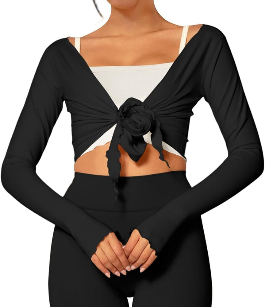 Yousify Women's Tie Wrap Tops Long Sleeve Bolero Shrug Lightweight Ballet Pilates Yoga Gym Workou... | Amazon (US)
