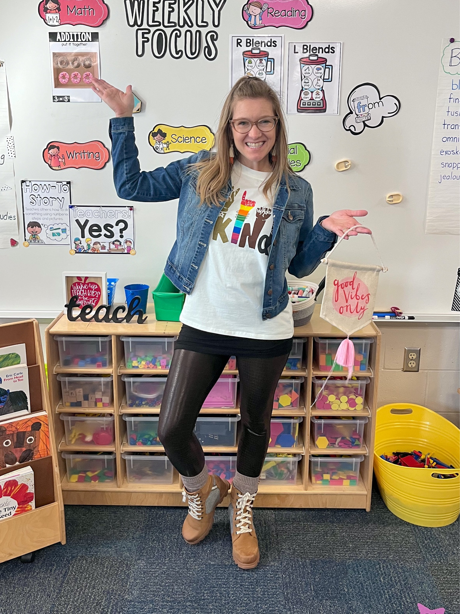 Just another way to wear the most comfortable leggings EVER!  Graphic tee, jean jacket, and the cutest boots and voilà!  #teacherootd

#LTKunder100 #LTKworkwear #LTKshoecrush