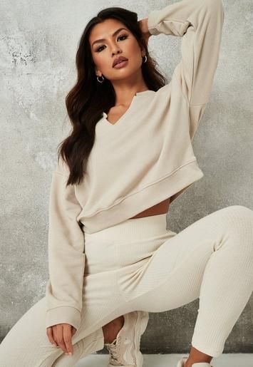 Sand Raw Edge Notched Neck Sweatshirt | Missguided (US & CA)