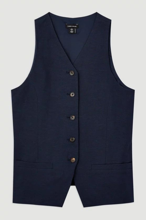 Premium Linen Tailored Button Through Longline Waistcoat | Karen Millen UK + IE + DE + NL
