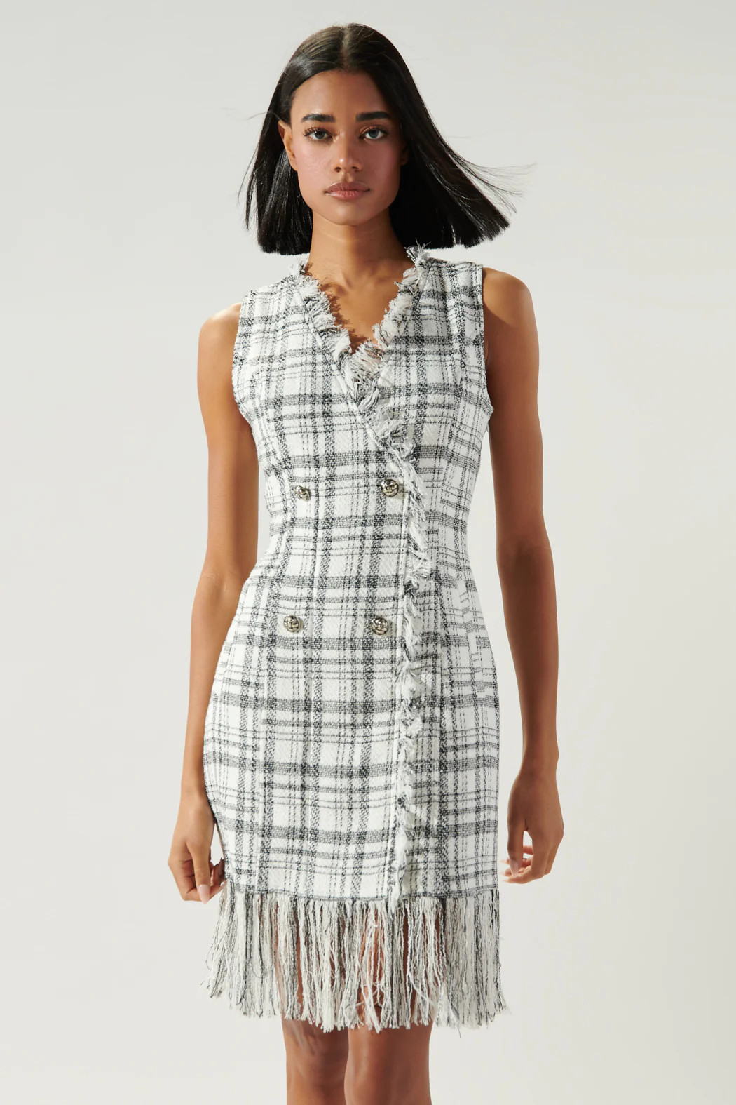 Kamia Plaid Fringe Hem Tweed Dress | Sugarlips