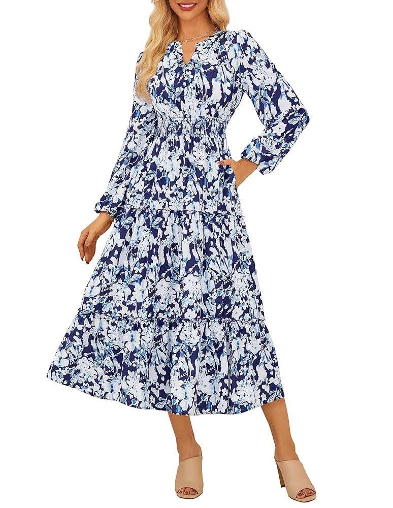 GRACE KARIN Women Floral Maxi Dress,2025 Fall Long Sleeve Casual Dresses,V Neck Boho Flowy Elegan... | Amazon (US)
