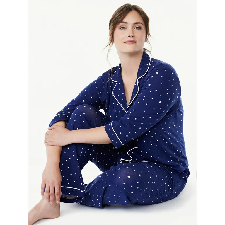 Joyspun Women’s Cotton Blend Notch Collar Top and Pants Pajama Set, 2-Piece, Sizes S-4X | Walmart (US)