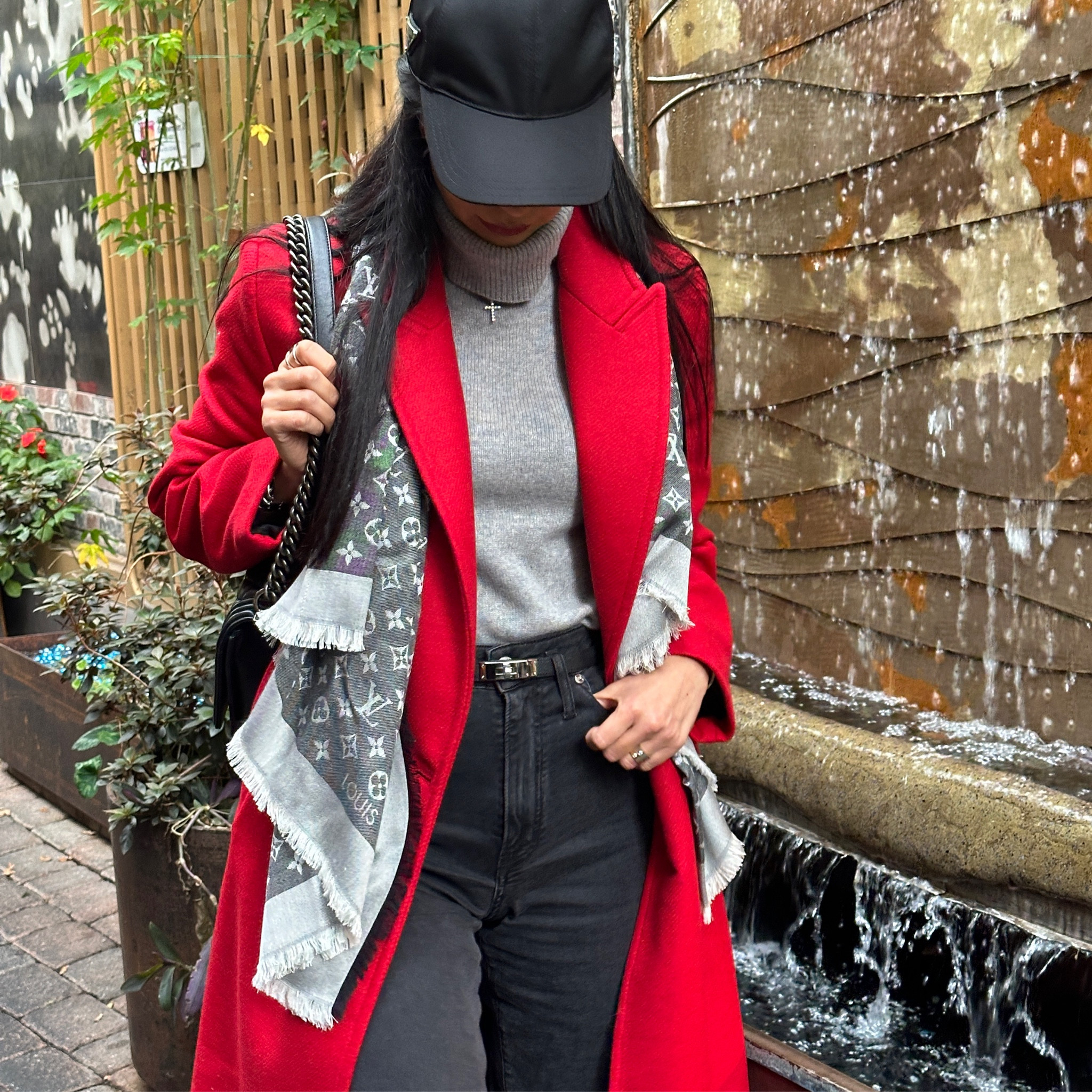 Red and grey, a classic combination that never goes out of style. Shop my outfit below. ❤️🩶 

I am size M in Prada hat, size XS in sweater, size 36 (S) in jeans, size S in coat. 

#LTKSeasonal #LTKstyletip #LTKHoliday