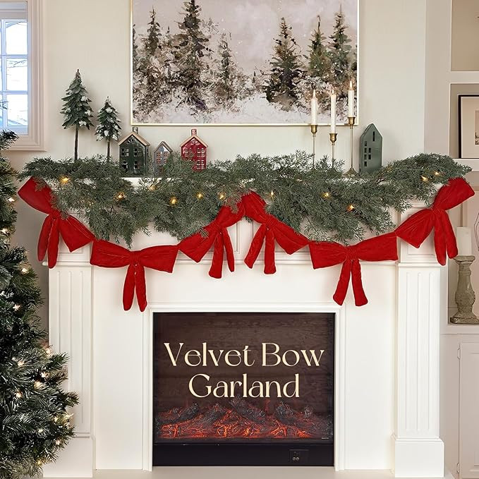 Christmas Decorations - 6 Ft Red Velvet Bow Garland - Xmas Decor for Mantel Fireplace Shelf Cabin... | Amazon (US)