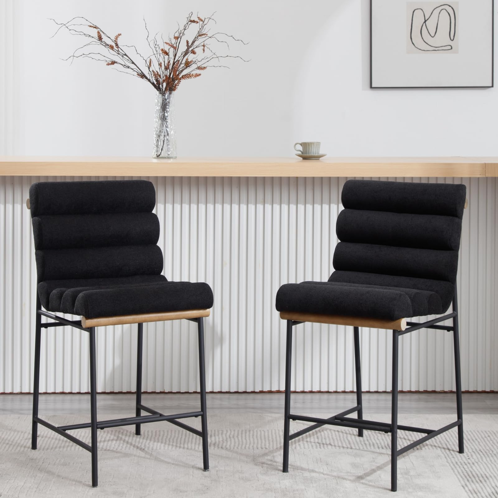 Modern Black Linen Counter Stools Set of 2, 25" Seat Height Upholstered Counter Height Bar Stools... | Amazon (US)