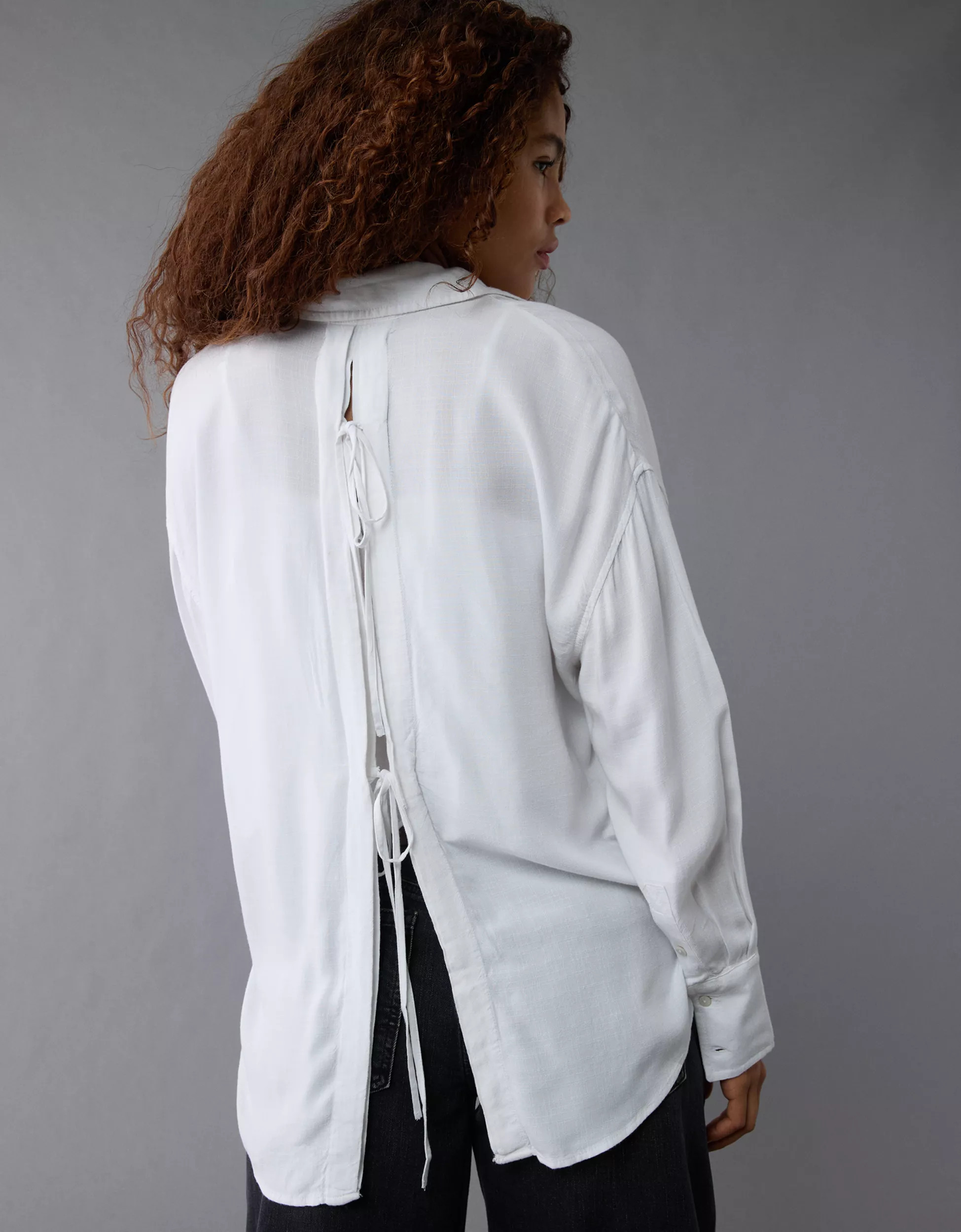 AE Long-Sleeve Tie Back Button-Up Shirt | American Eagle Outfitters (US & CA)