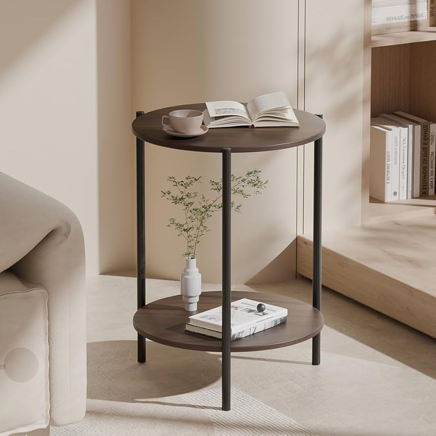 Side Table, Round End Table with 2-Layer Storage Rack, 15.7" Small Spaces Circle Table, Metal Fra... | Amazon (US)