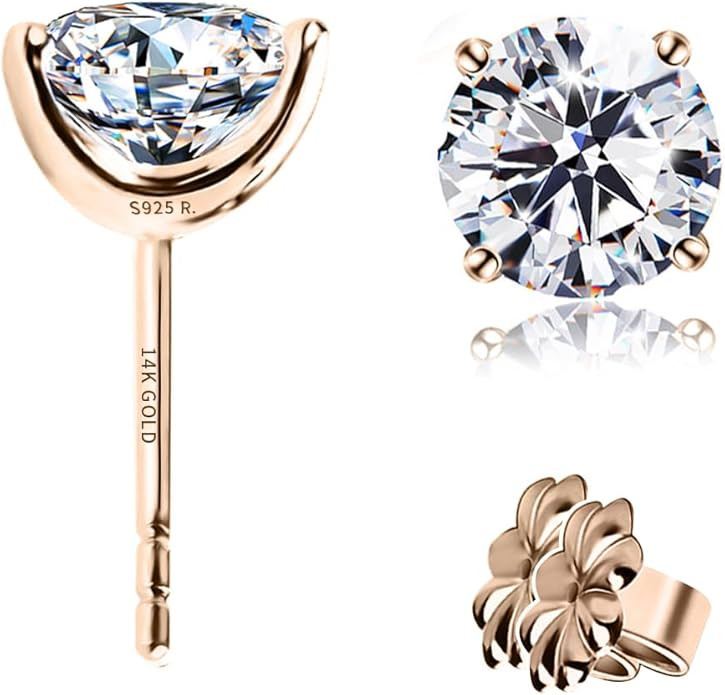 "STUNNING FLAME" Solid 14K Gold Post & Sterling Silver Round Cut Cubic-Zirconia Stud CZ Earrings ... | Amazon (US)