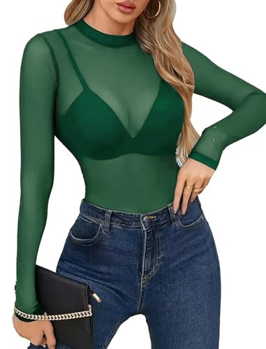 Avidlove Mesh Top Mesh Crop Top for Women Long Sleeve Mock Neck Green XS | Amazon (US)