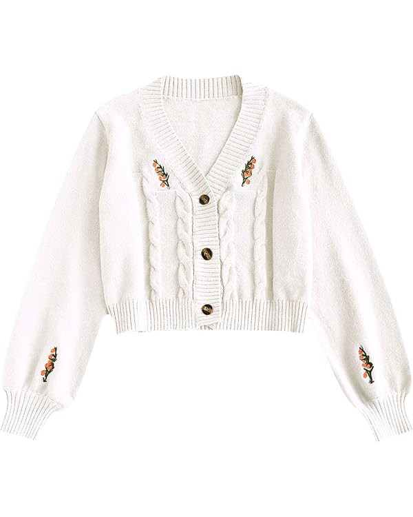 ZAFUL Women's Button Up Embroidered Cable Knit Cardigan V Neck Long Sleeve Cropped Sweater | Amazon (US)