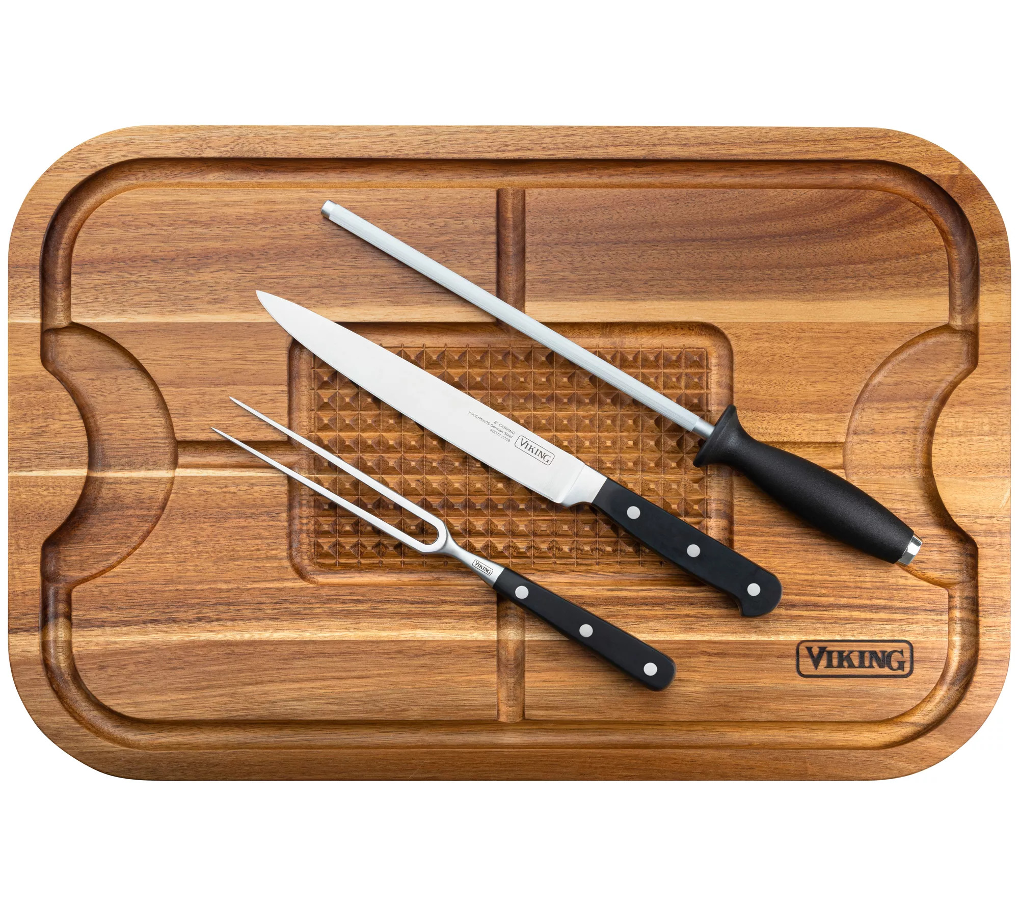 Viking Oversized Acacia Carving Board w/ 3pc Carving Set - QVC.com | QVC