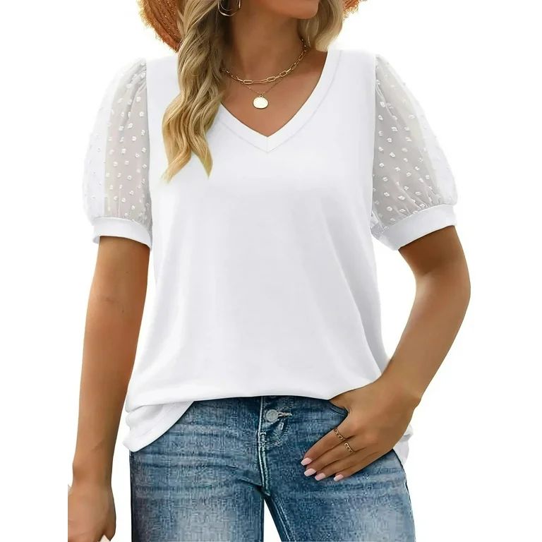 MOSHU Summer Womens Tops Dressy V Neck Blouses for Women Swiss Dot Puff Sleeve Shirts | Walmart (US)