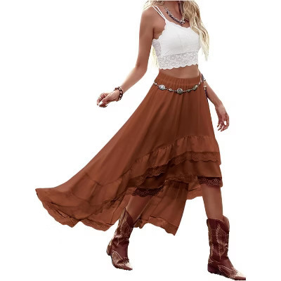 LEVEN SIXTEEN Women's Western Boho Skirt - Lace Ruffle Asymmetrical Hem Cowgirl Style Rust Brown Rust Brown X-Small | Target