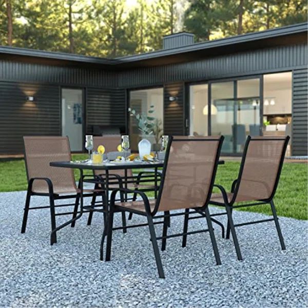 Elgin Outdoor Patio Dining Set - 55" Tempered Glass with Umbrella Hole, Flex Comfort Stack Chair | Wayfair North America
