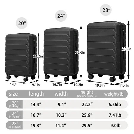 ABNO1 20"/24"/28" 3-piece ABS spinner suitcase set, color matching, with combination lock (3 locks, black). | Walmart (US)