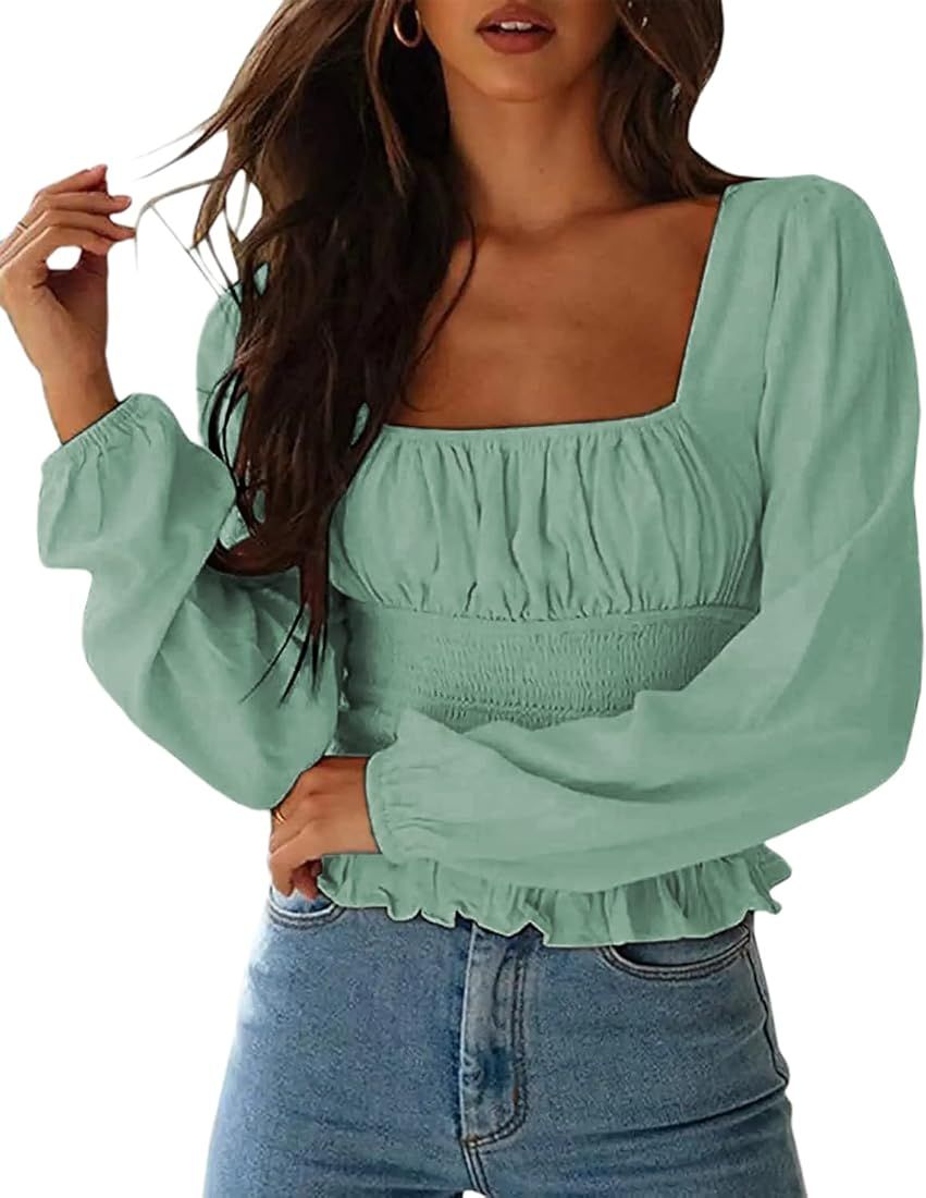 SOFIA'S CHOICE Women's Square Neck Frill Smocked Crop Top Ruffle Hem Long Sleeve Blouse Shirts | Amazon (US)