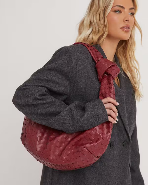 Loreen Woven Knotted Strap Detail Oversized Shoulder Bag In Burgundy Faux Leather | EGO (UK)