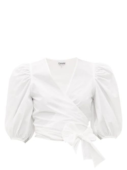 Ganni - Blouson-sleeve Cotton-poplin Wrap Top - Womens - White | Matches (US)