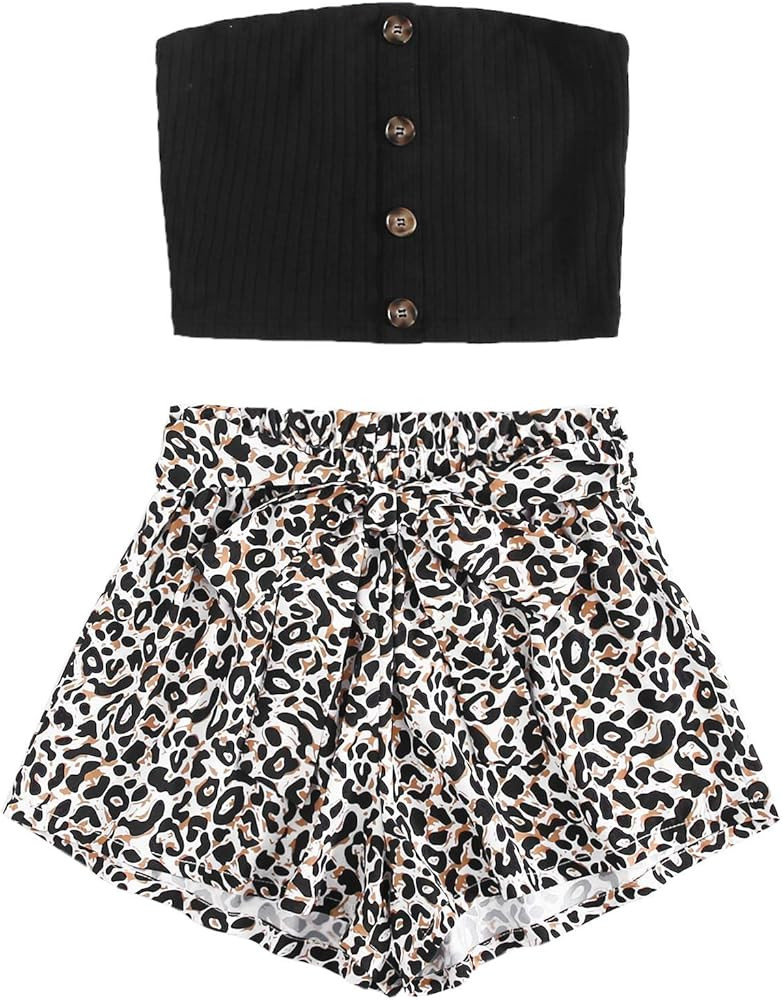 SweatyRocks Women's 2 Piece Outfit Casual Button Front Bandeau Crop Top and Belted Shorts Set | Amazon (US)